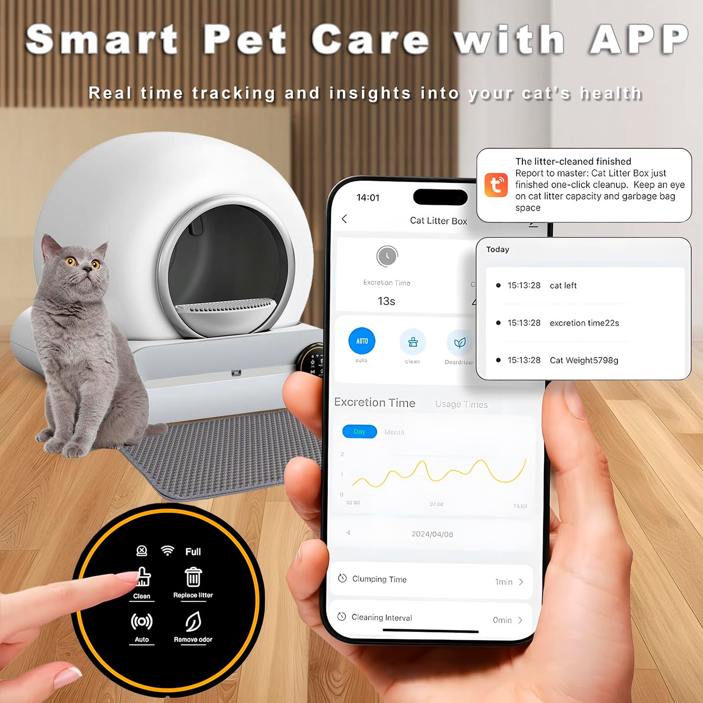 XQDKoon Lettiera Gatto Autopulente 65L + 9 L, Lettiera Automatica per Gatti con Monitoraggio Sanitario APP, Deodorante Ionico Lettiere Autopulenti Gatti 5 Sacchi Spazzatura e Tappetini Gatto