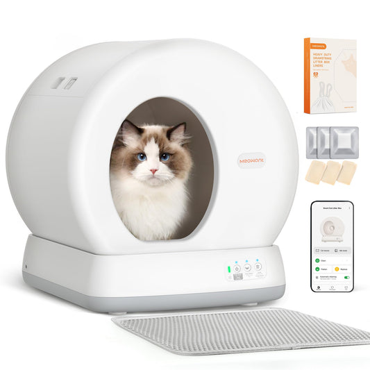 MeoWant Lettiera Gatto Autopulente, 57,6L Lettiera Automatica per Gatti con Sacchi Spazzatura e Tappetini Gatti per Multi Gatto, Isolamento Odori, Pulizia Facile, Comando APP