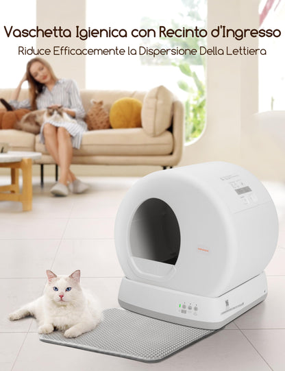 MeoWant Lettiera Gatto Autopulente, 57,6L Lettiera Automatica per Gatti con Sacchi Spazzatura e Tappetini Gatti per Multi Gatto, Isolamento Odori, Pulizia Facile, Comando APP