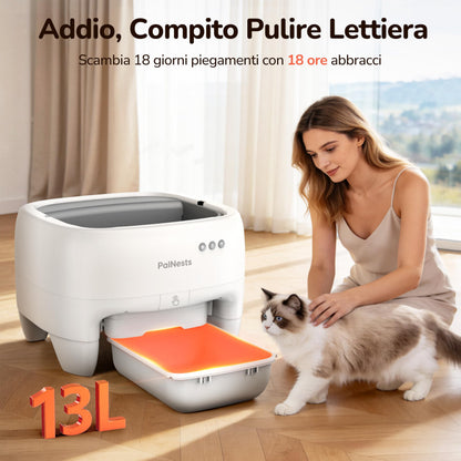 PalNests Lettiera Gatto Autopulente Con APP, XXL Lettiera Automatica per Gatti Sicurezza Anti-Pizzicamento, Design Aperto con Ingresso dall'Alto per Gatti Grandi e Multipli, Deodorizzazione, Bianco